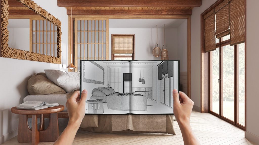 Une chambre entièrement rénovée, avec un croquis du projet